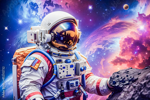 Astronaut wearing a white spacesuit discovering planets and galaxies in space photo