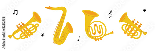 Wind musical instruments. Tuba, trumpet, french horn, saxophone. Vector illustration.