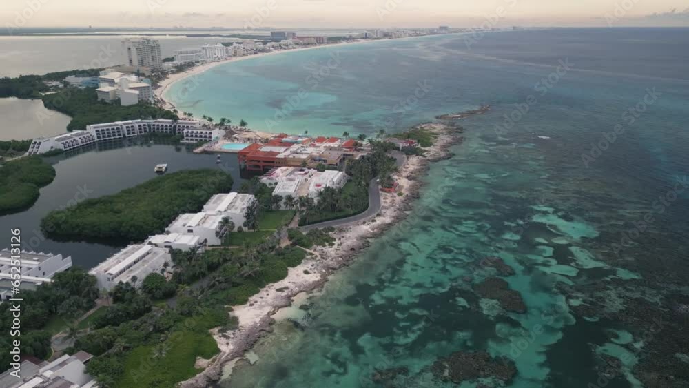 Aerial high angle of Cancun Mexico Riviera Maya Hotel zone Caribbean Sea Aerial high angle of Cancun Mexico Riviera Maya Hotel zone Caribbean Sea
