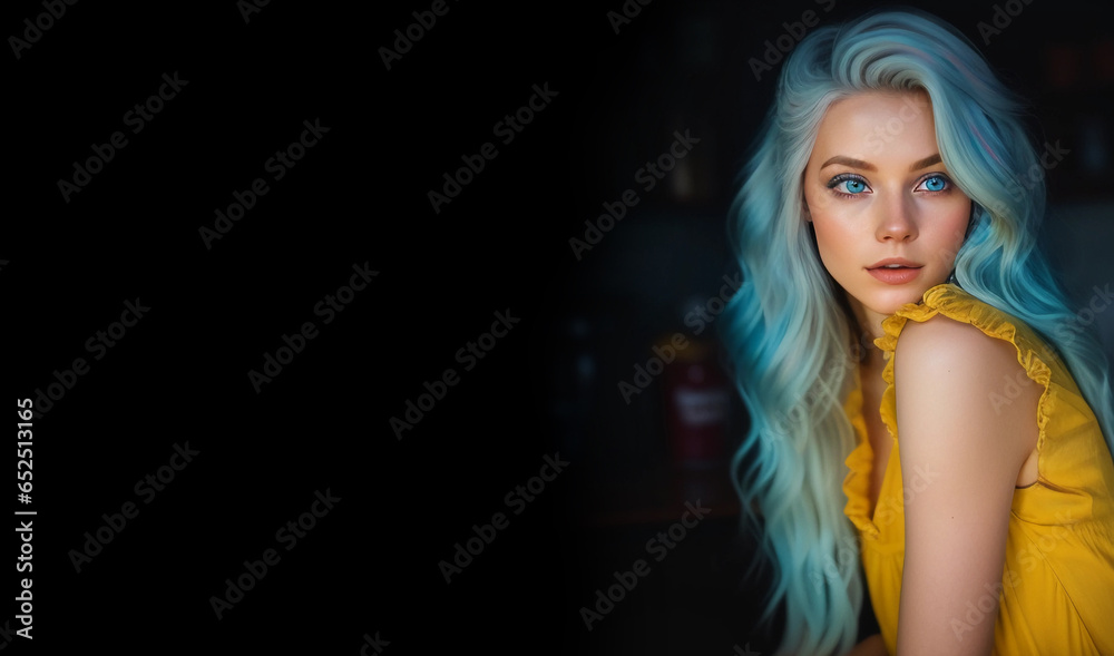 A girl with yellow-blue hair on a black background. Generative AI.