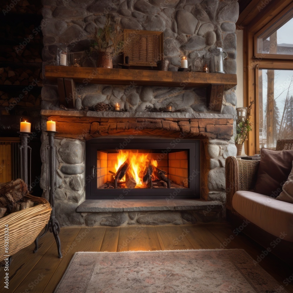 Rustic fireplace with burning logs. Burning firewood in the firebox of the fireplace in the country house.