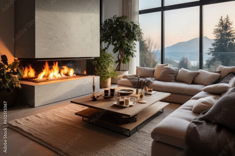 Fototapeta premium Modern minimalist fireplace for fuel lighting in a penthouse apartment.