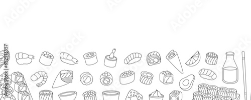 Sushi and rolls horizontal outline banner. Ikura sushi, tobiko maki, philadelphia roll, shrimp nigiri, tekkamaki tuna roll, futomaki, sake temaki