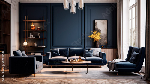 Interior design of dark blue living room with wood floor with coffee table