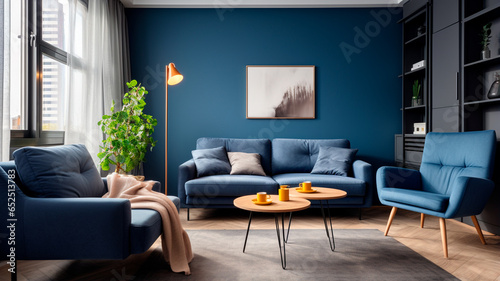 Interior design of dark blue living room with wood floor with coffee table