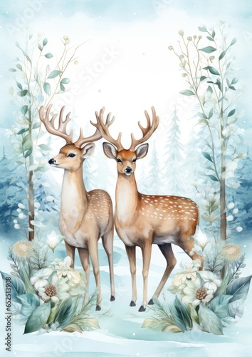 Christmas card with the image of snow and deer.