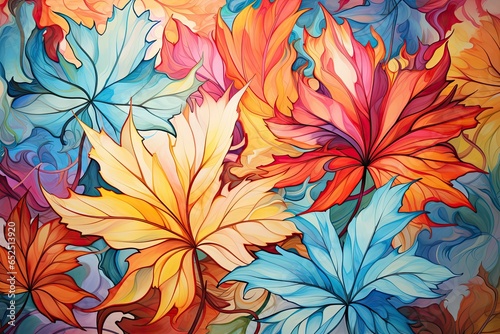 colorful maple leaves in acrylic paint on white background Generative AI