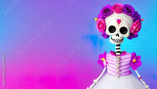 Funny woman skeleton with sugar skull makeup on a bright background with copy space. Traditional Mexican Catrina skull. Day of the Dead. Halloween holiday. Generative AI
