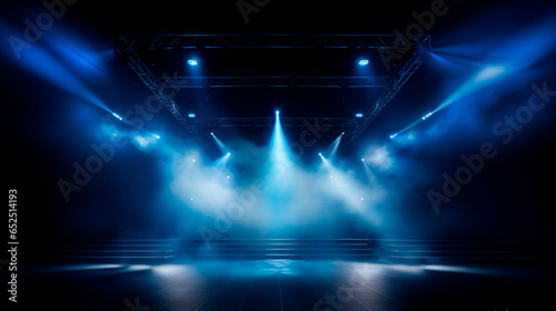 Blue Vector Spotlight Illuminating an Atmospheric Stage with Scenic Lights, Smoke, and Volume Light Effect on Black Background – Stadium Cloudiness Projector