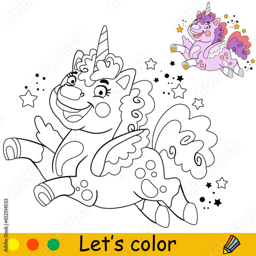 Cartoon fluffy unicorn kids coloring book page vector