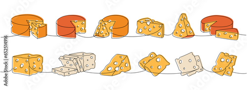 Cheese products one line colored continuous drawing. Different types of cheese continuous one line illustration. Vector minimalist linear illustration