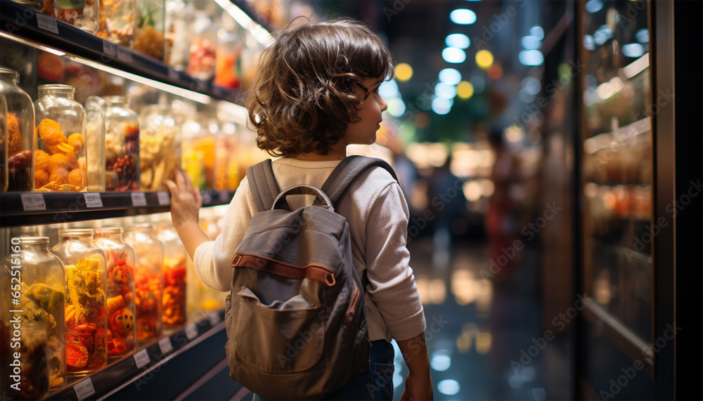 a little boy in a store stands next to jars of shaped Halloween candies.happy Halloween. 