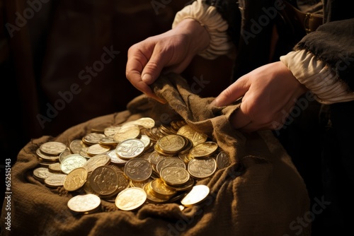 Golden coins clutched in a person's hands with a ruffled white shirt and brown jacket backdrop. photo