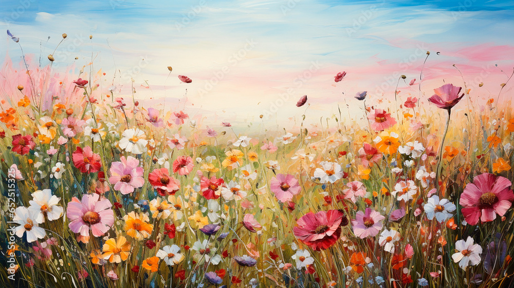 painting of colorful flowers on canvas background. digital illustration.