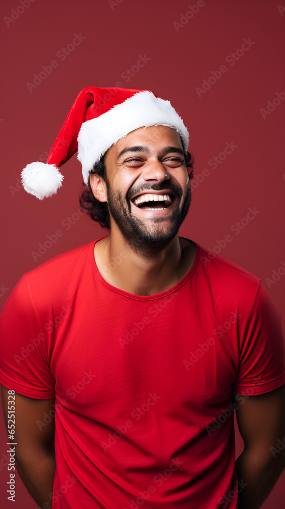 Christmas with happy and charismatic man with red cap. Reddish background. Christmas with happy and charismatic man with red cap. Reddish background.