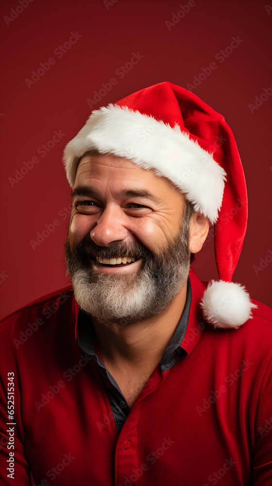 Christmas with bearded, cheerful and charismatic man with red cap. Reddish background. Christmas with bearded, cheerful and charismatic man with red cap. Reddish background.