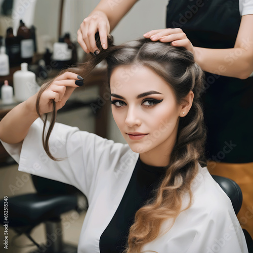 Mujer joven y bella en un salón de belleza peluquería haciéndose un peinado  photo