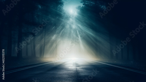 mysterious foggy road with trees and moonbeams
