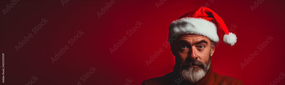 Christmas with bearded, cheerful and charismatic man with red cap. Reddish background. Christmas with bearded, cheerful and charismatic man with red cap. Reddish background.