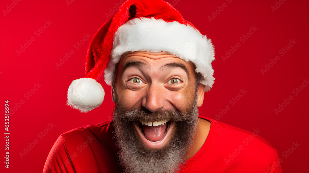 Christmas with bearded, cheerful and charismatic man with red cap. Reddish background. Christmas with bearded, cheerful and charismatic man with red cap. Reddish background.