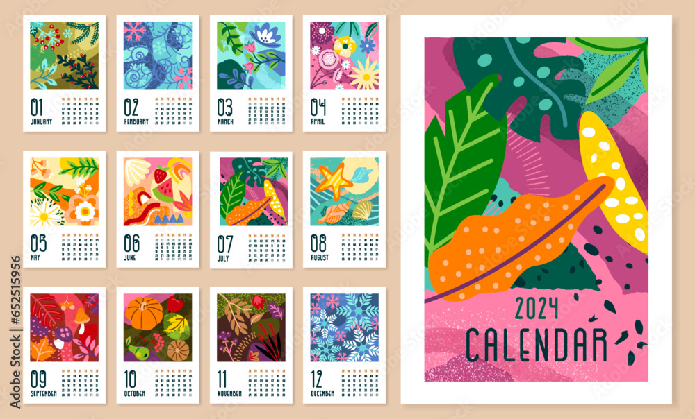 Calendar template set. Colorful floral posters with winter and spring ...