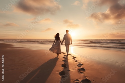 romantic image of a couple at the beach during sunset. 