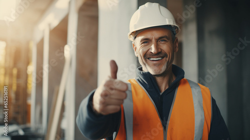 portrait of smiling engineer in helmet showing thumbs up gesture photo