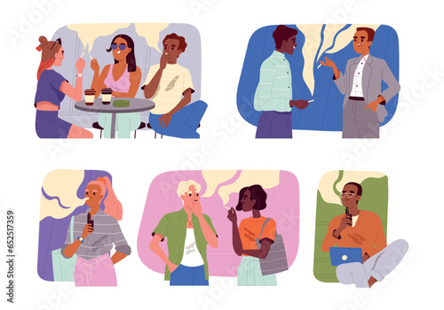 People smoke cigarettes set. Smokers characters with bad habit. Men and women with PNV and e cigs, vape and tobacco in cafe and outdoor. Cartoon flat vector collection isolated on white background