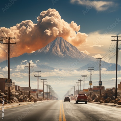 A highway stretches toward a mountain with a massive cloud formation, suggesting an eruption, framed by utility poles and wires against a vividly clouded sky. photo