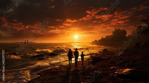 silhouette of a family walking on the sunset beach with a rocky coastline and sailboats in the distance  sunset casting a radiant glow over the water and the sky  waves crashing.