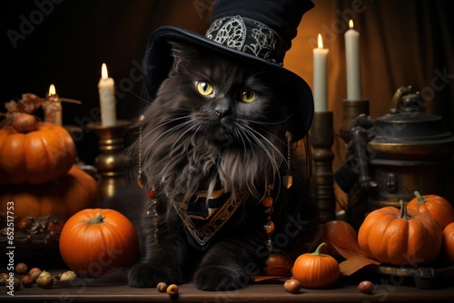 A playful yet stylish image of a black cat donning a Halloween costume, showcasing the spirit of fun and dress-up during the holiday. Generative AI