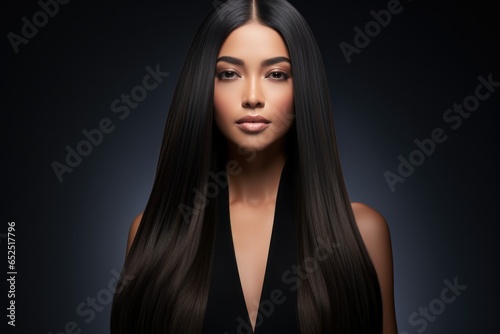 Asian woman with long strait hair, advertising black background