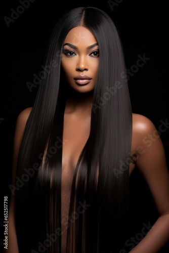 Asian woman with long strait hair  advertising black background