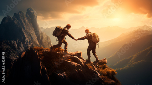 young couple of hikers with backpacks on top of each other in the mountains on a sunset