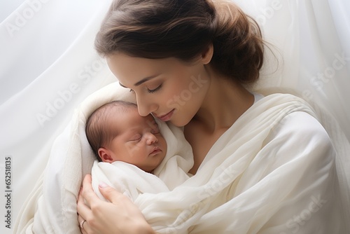 Young mother hugging her sleeping newborn baby, white peacefull textile background photo