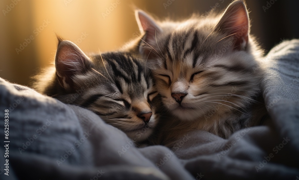Two kittens hugging and sleeping on a light blanket