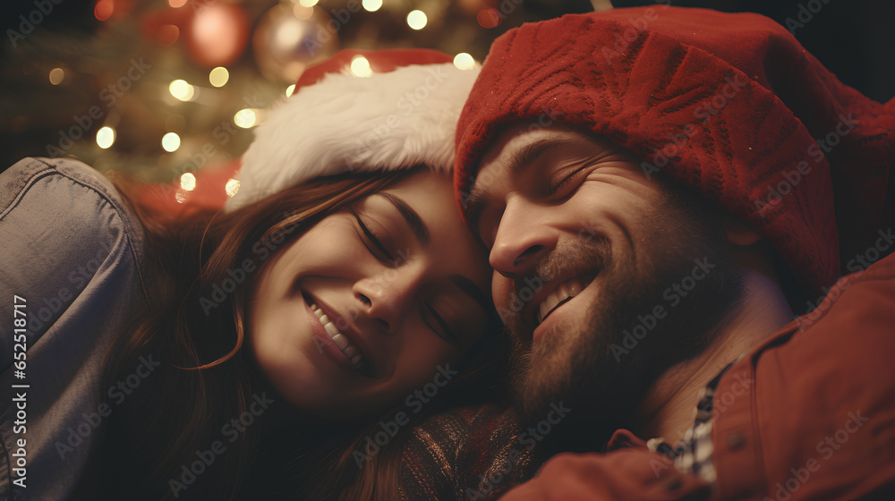 Christmas with couple sleeping in Christmas with Christmas hat and tree behind. Bokeh lights effect.