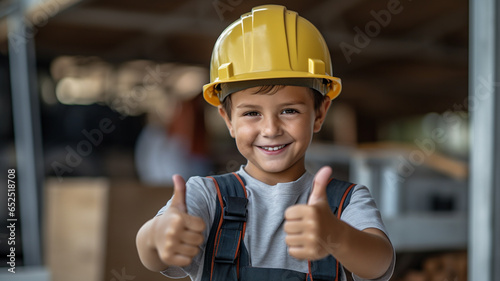 smiling child in helmet showing thumbs up gesture. happy kid in uniform.
