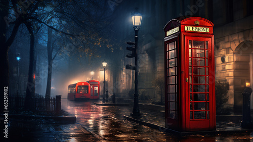 london telephone box with red booth in london, england.