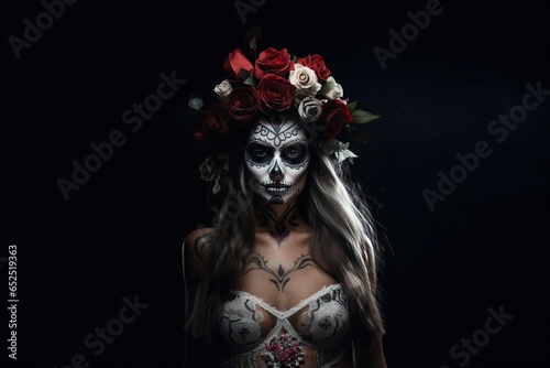 sensual young woman with a flower crown and skeleton mask