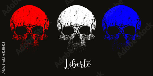 Liberte. T-shirt design with three skulls in blue, white and red. Vector illustration with the colors of the French flag