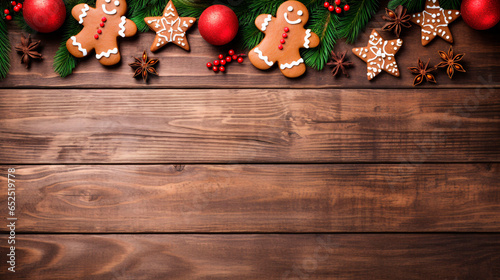 Christmas background. Wooden table top, elegantly framed with an intricate composition of Christmas decorations, gingerbread cookies and accessories girdling the edges.