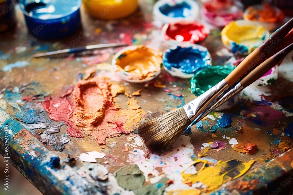 Paint brushes and palette of colors on the artist's table.