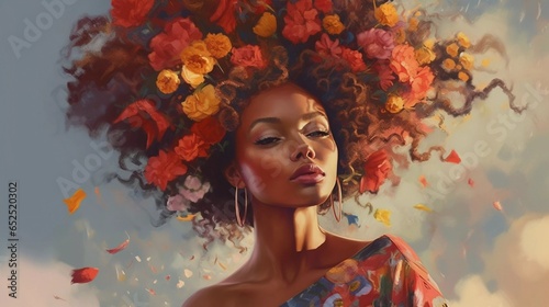 a beauty in skin color, a girl with flowers in her hair