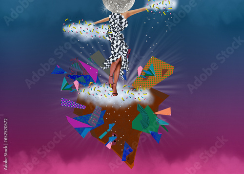 1980s party girl in colorful sky with memphis-style elements 