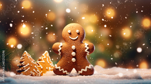 Gingerbread Man Cookie Adorning a Festive Christmas Tree with Bokeh Lights, Copy Space, and Decorations in the Holiday Season. Close-up of a Magical and Whimsical Tree Perfect for New Year Background 