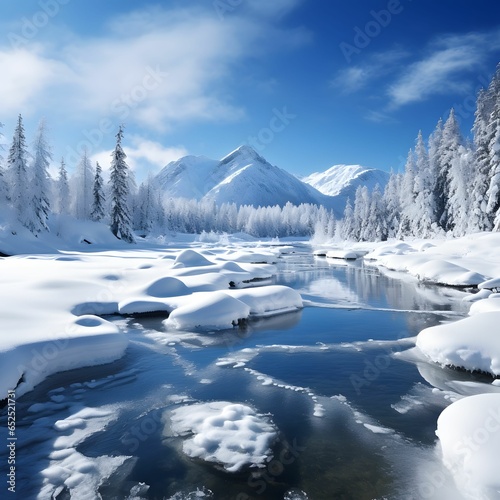 Winter snowy illustrated landscape with frozen creek. New Year's morning. Festive atmosphere on the mountain. © Creative Photo Focus