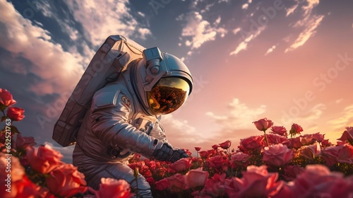 Astronaut in a field of fresh spring flowers. Conquering galaxies and space. Abstract concept.