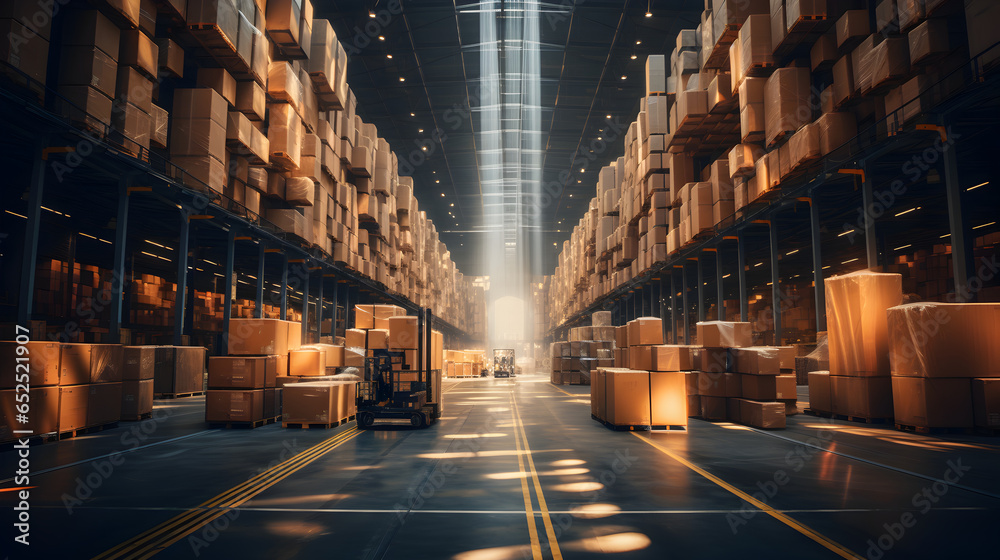 Retail warehouse full of shelves with goods in cartons, with pallets and forklifts. Logistics and transportation blurred background. Product distribution center. - obrazy, fototapety, plakaty 