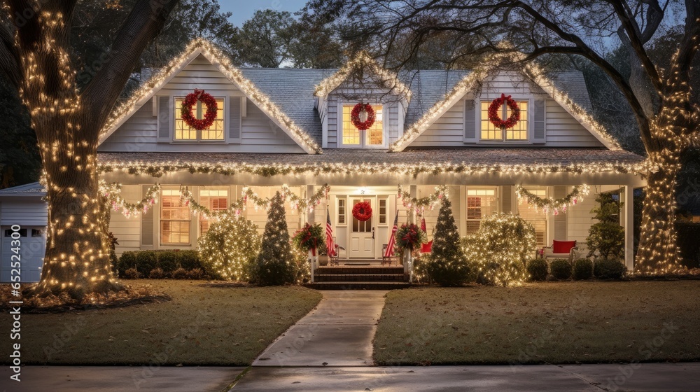 Exterior of a house decorated for Christmas